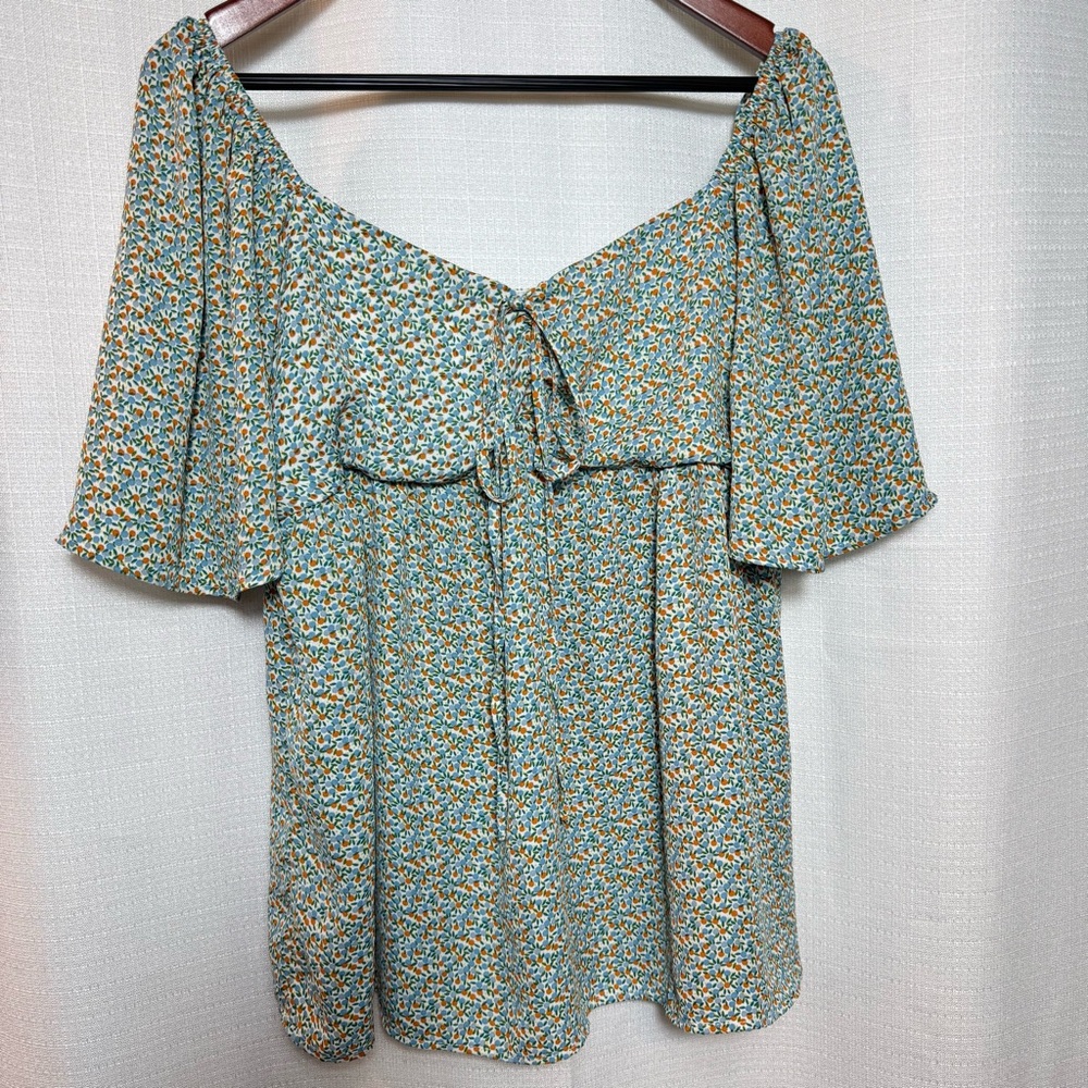 Ott Floral Milkmaid Peasant Blouse Cottagecore Tie Front Top Size L